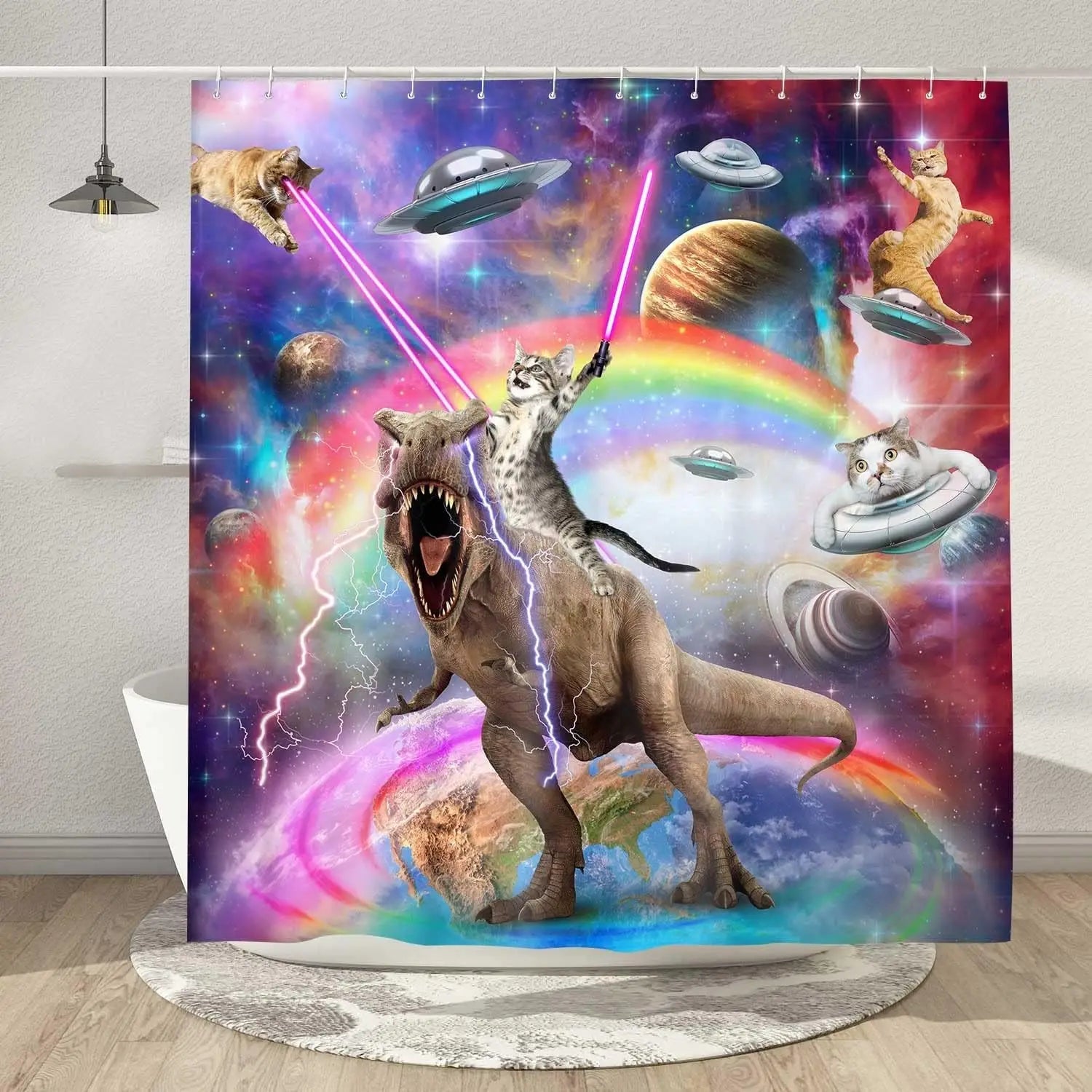 Funny cat shower curtain, cool and funny shark fantasy space anime shower curtain, funny fabric bathroom curtain set The WTF Store