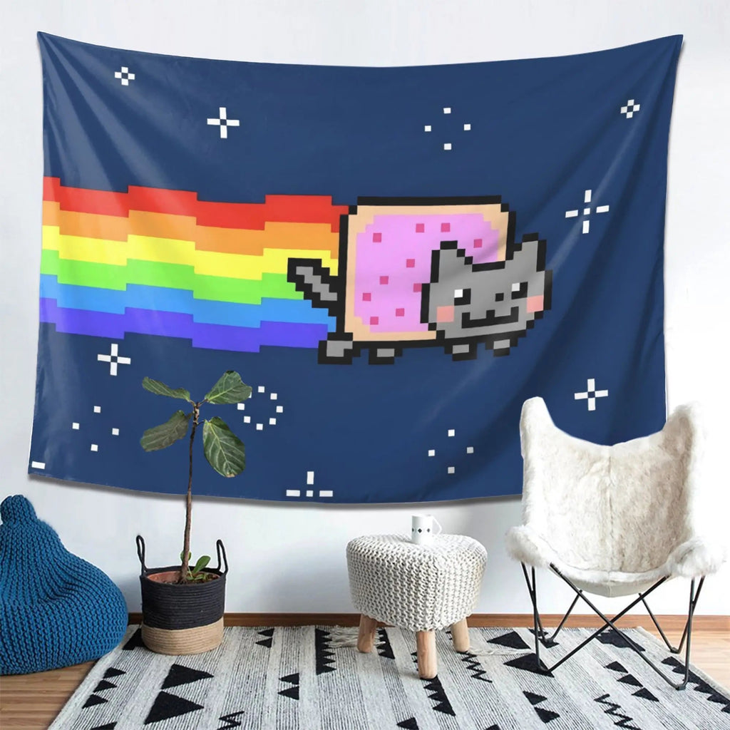 Nyan Cat Pixel Art Tapestry 2D Flat Print Retro Home Decor Living Room Wall Hanging Charming Playful Nostalgic Lively Stylish The WTF Store