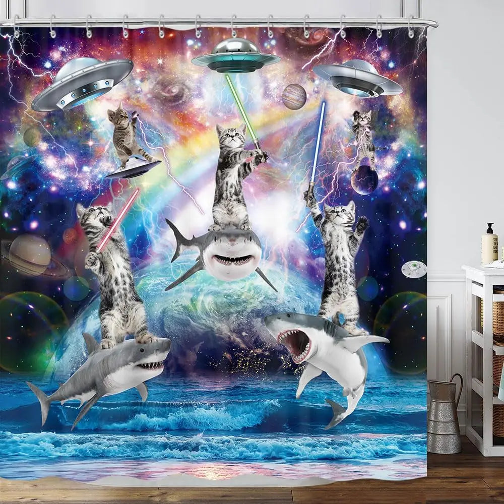 Funny cat shower curtain, cool and funny shark fantasy space anime shower curtain, funny fabric bathroom curtain set The WTF Store