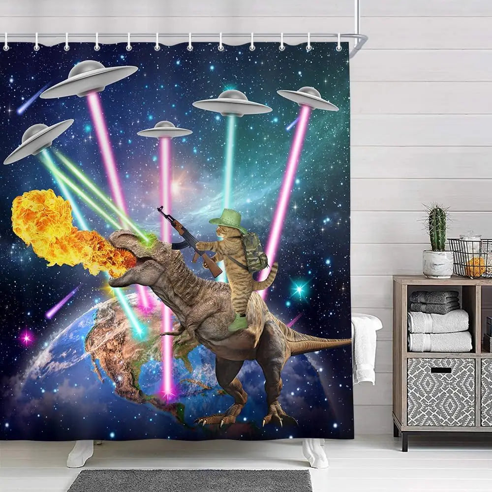 Funny cat shower curtain, cool and funny shark fantasy space anime shower curtain, funny fabric bathroom curtain set The WTF Store