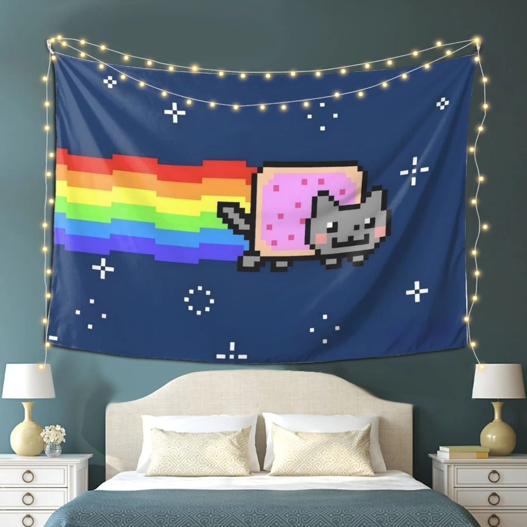 Nyan Cat Pixel Art Tapestry 2D Flat Print Retro Home Decor Living Room Wall Hanging Charming Playful Nostalgic Lively Stylish The WTF Store
