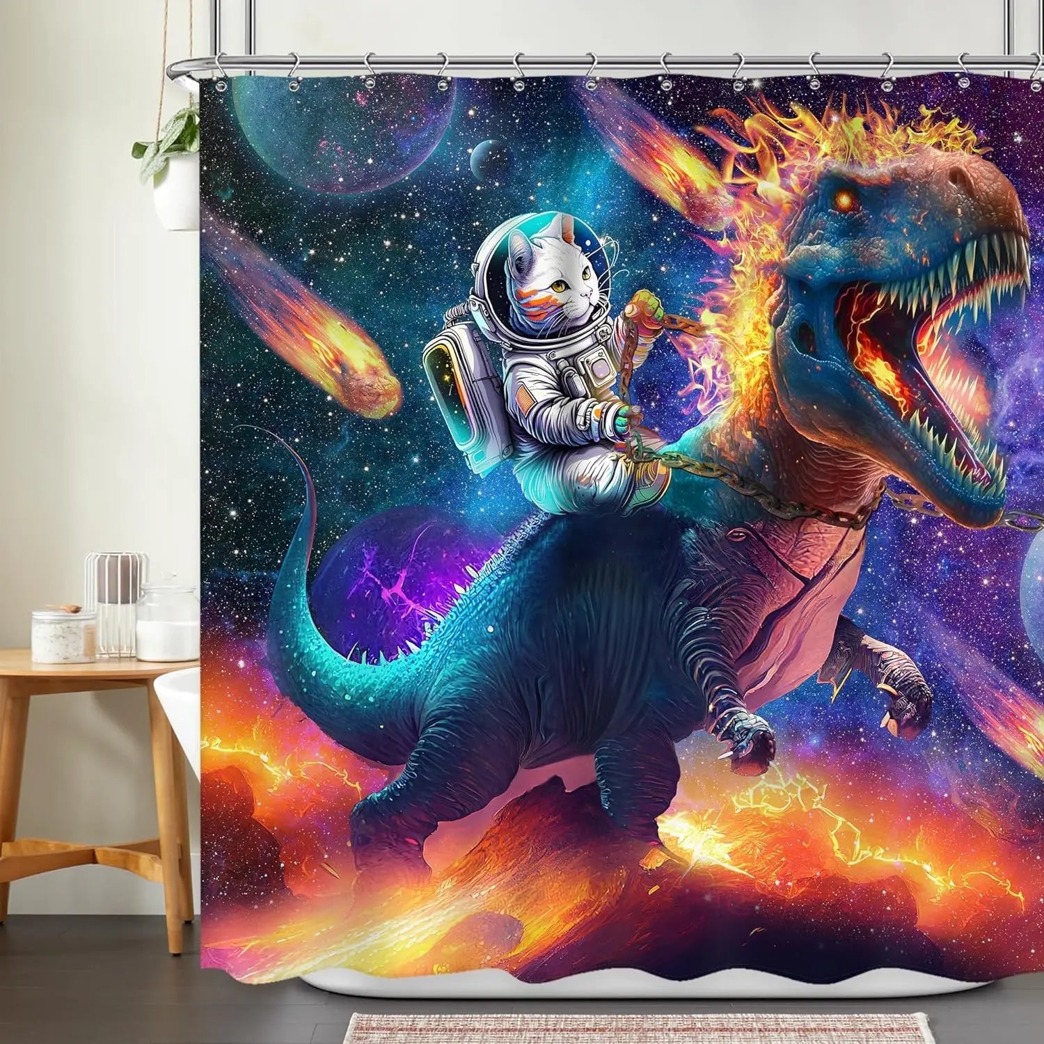 Funny cat shower curtain, cool and funny shark fantasy space anime shower curtain, funny fabric bathroom curtain set The WTF Store