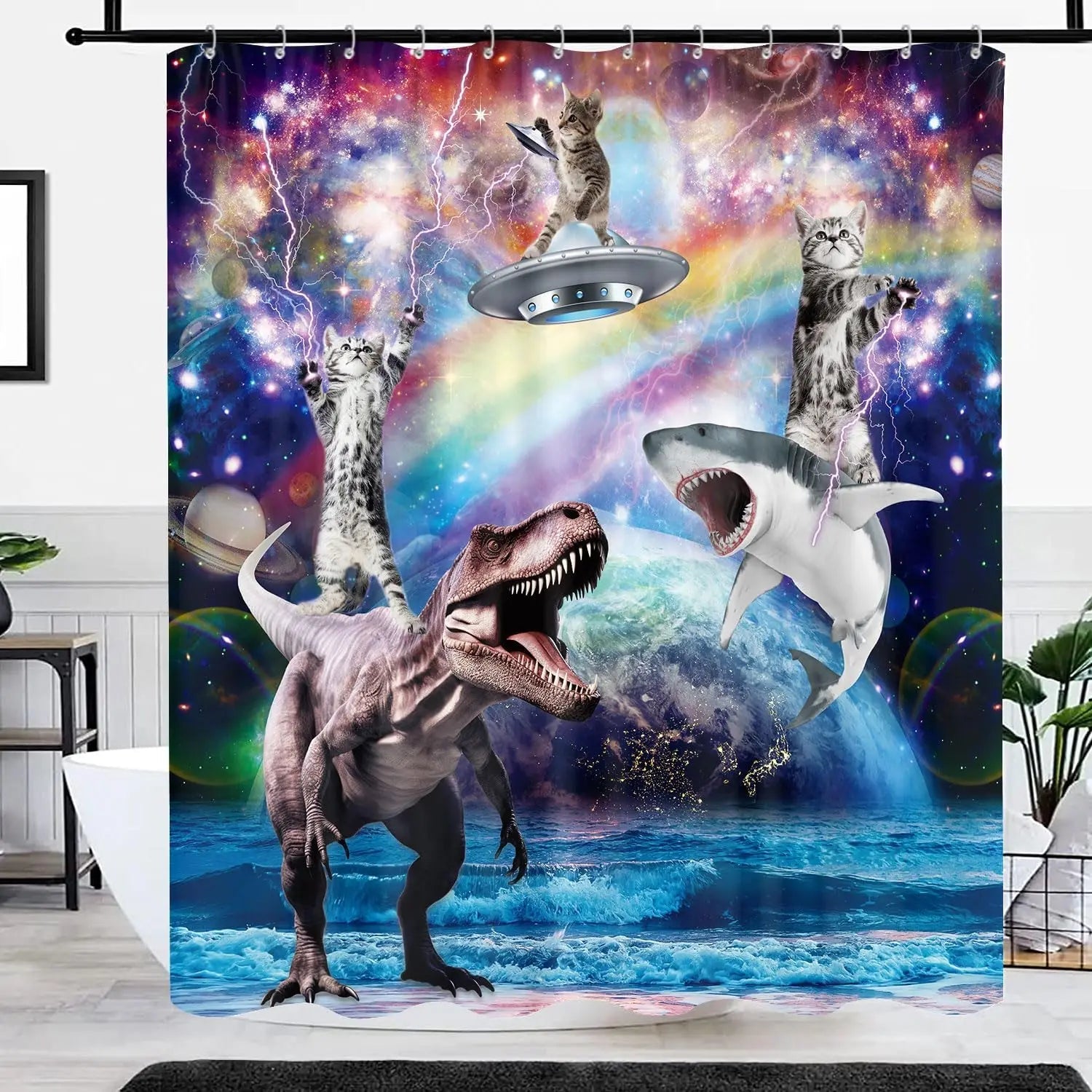 Funny cat shower curtain, cool and funny shark fantasy space anime shower curtain, funny fabric bathroom curtain set The WTF Store