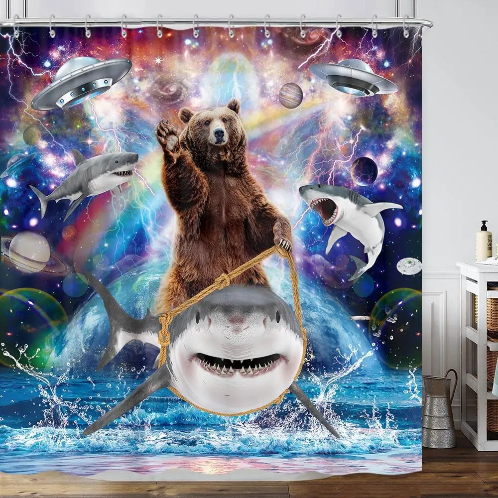Funny cat shower curtain, cool and funny shark fantasy space anime shower curtain, funny fabric bathroom curtain set The WTF Store