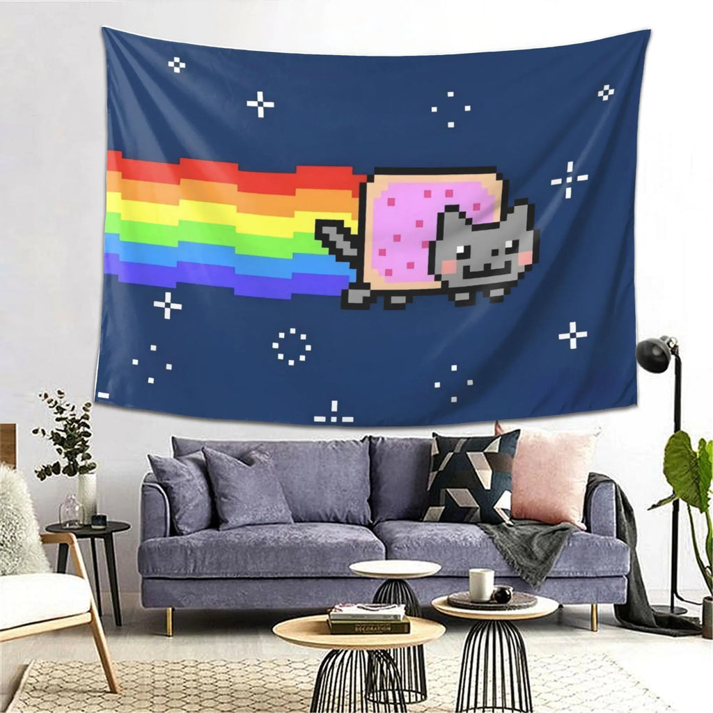 Nyan Cat Pixel Art Tapestry 2D Flat Print Retro Home Decor Living Room Wall Hanging Charming Playful Nostalgic Lively Stylish The WTF Store