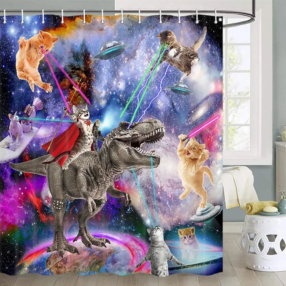 Funny cat shower curtain, cool and funny shark fantasy space anime shower curtain, funny fabric bathroom curtain set The WTF Store